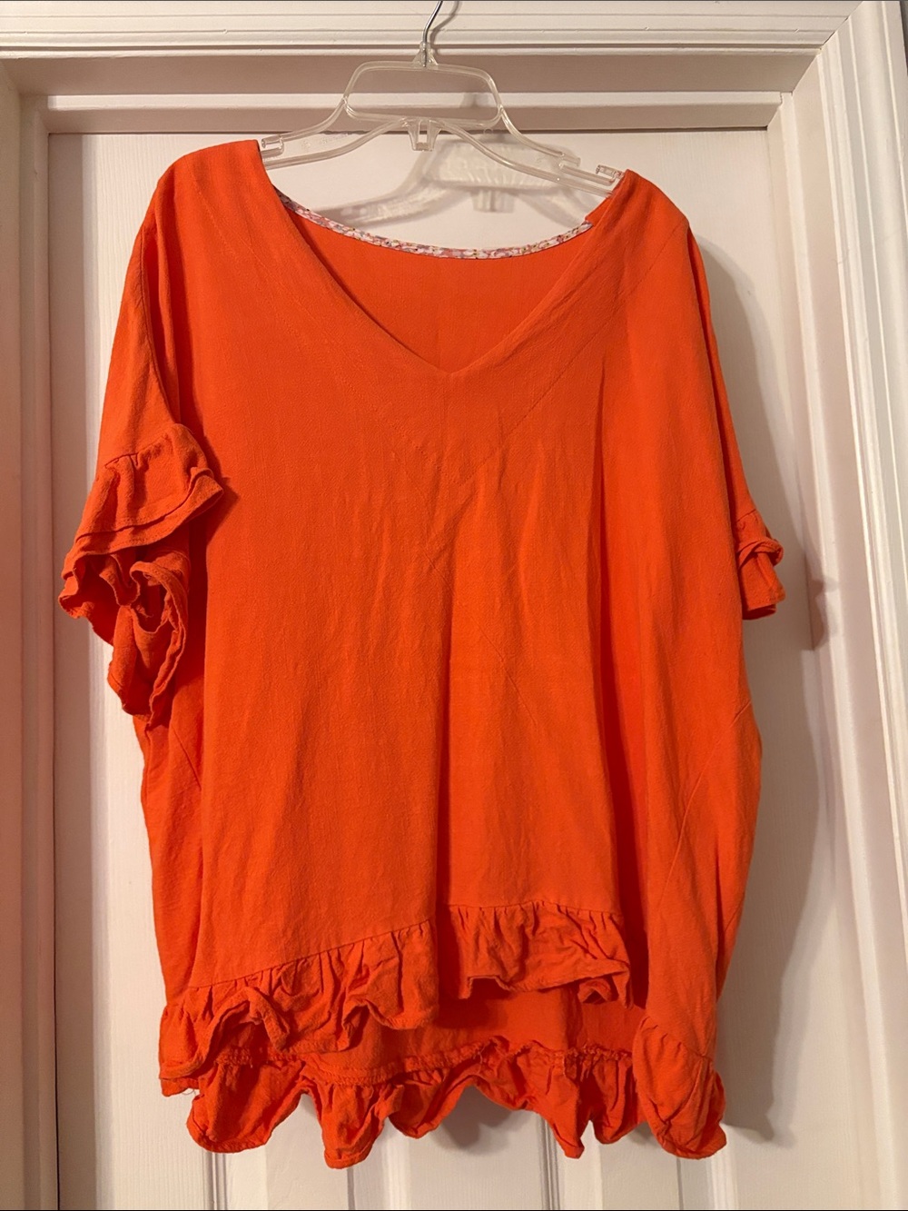 Umgee Bright Orange Ruffle-Hem V-Neck Tunic